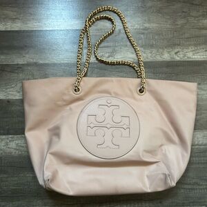 Tory Burch Blush Pink Leather Logo Tote with Gold Chain Straps